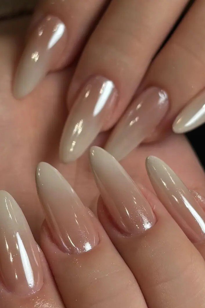 Mirror Chrome Nude Almond Ombre - nude ombre nails for women over 50
