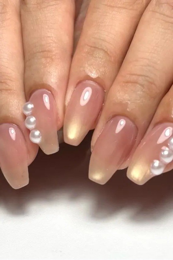 Pearl Drop Coffin Ombre - nude ombre nails for women over 50