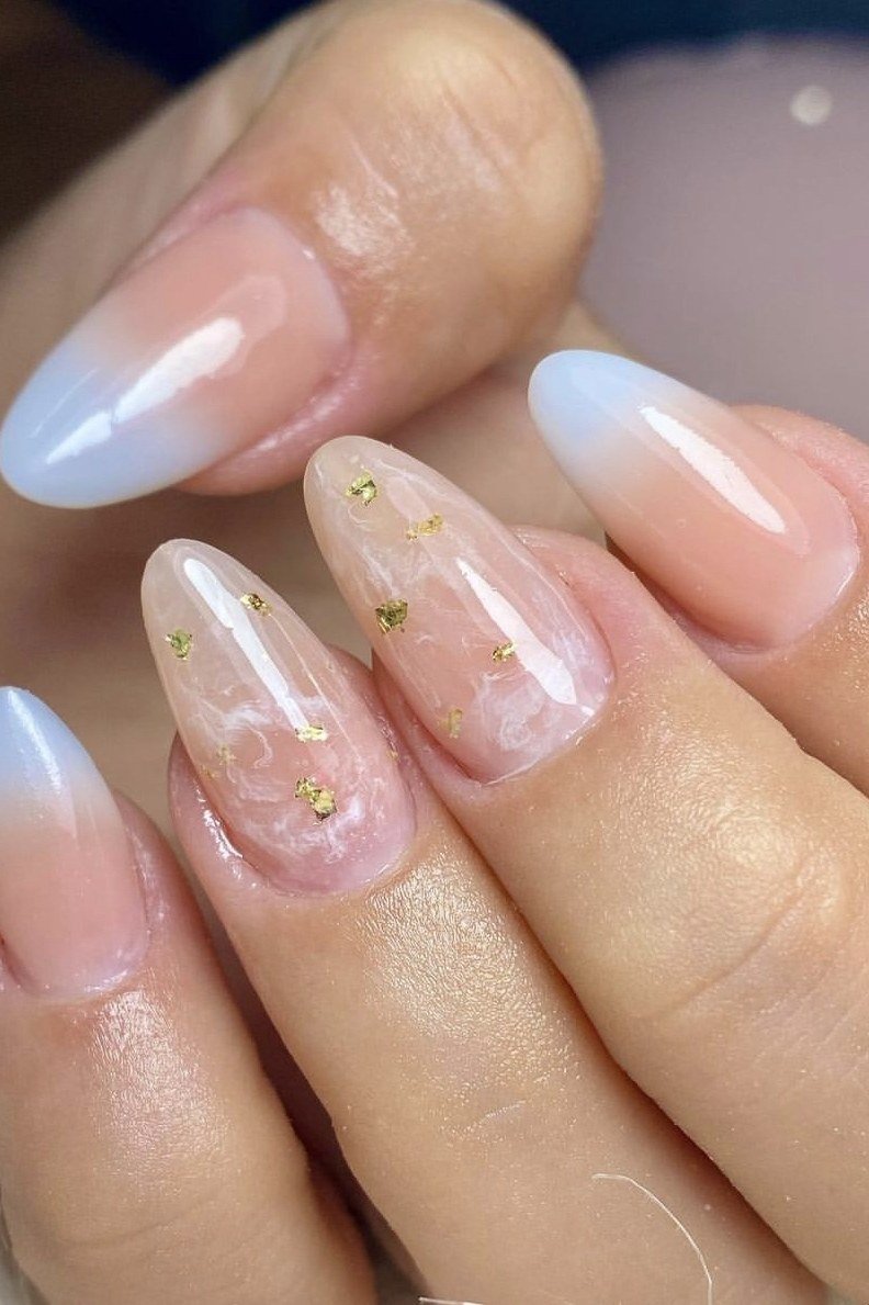 Gold Leaf Foil Almond Ombre - nude ombre nails for women over 50