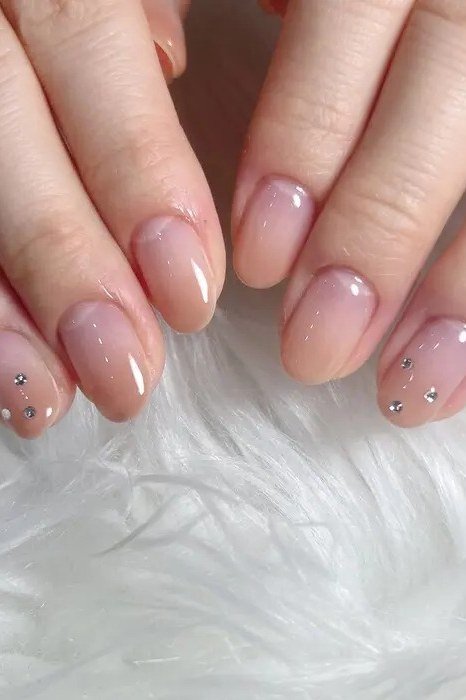 Nude Ombre Short with Crystal Gems - nude ombre nails for women over 50