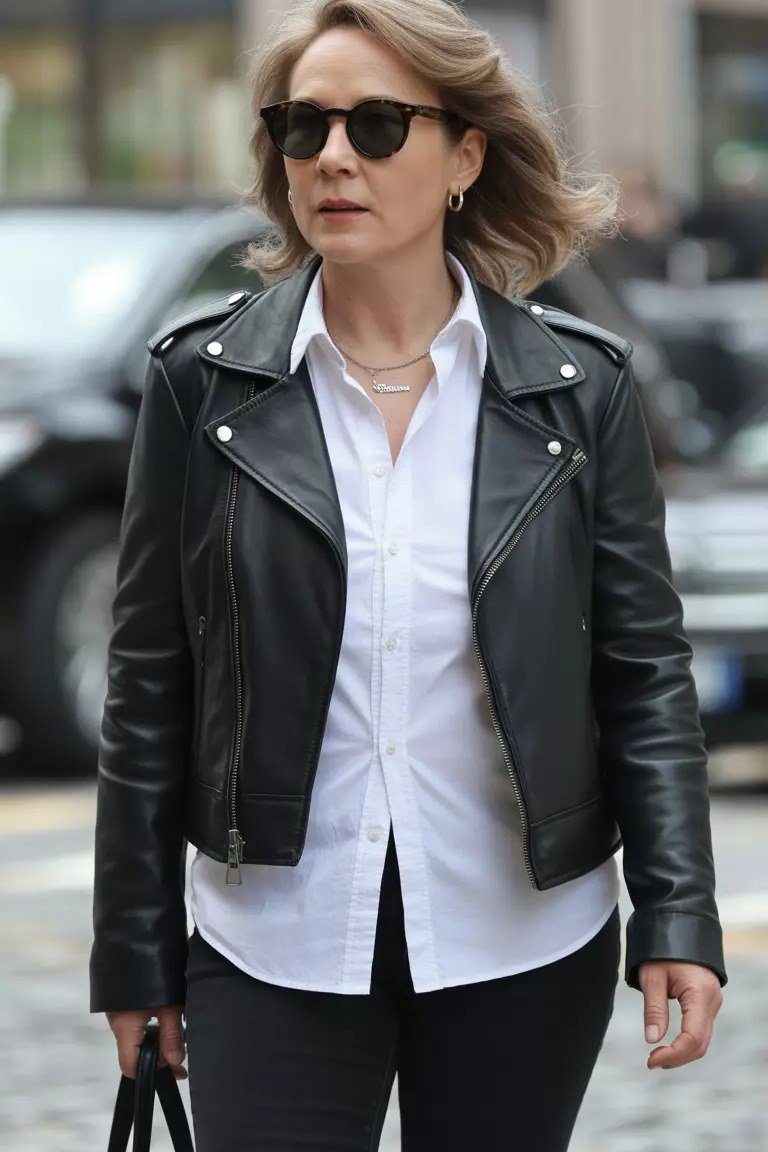 Woman over 40 wearing a black moto jacket with a crisp white shirt and black pants