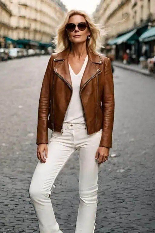 Woman over 40 wearing a cognac leather jacket with a white top and white jeans