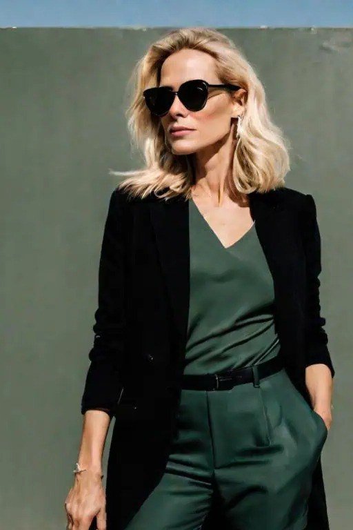 Woman over 40 wearing a black blazer with an emerald green top and trousers
