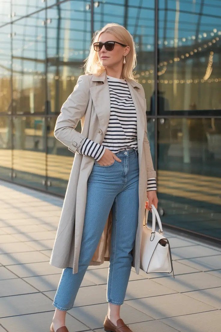 Woman over 40 wearing a beige trench coat with a striped top and blue jeans