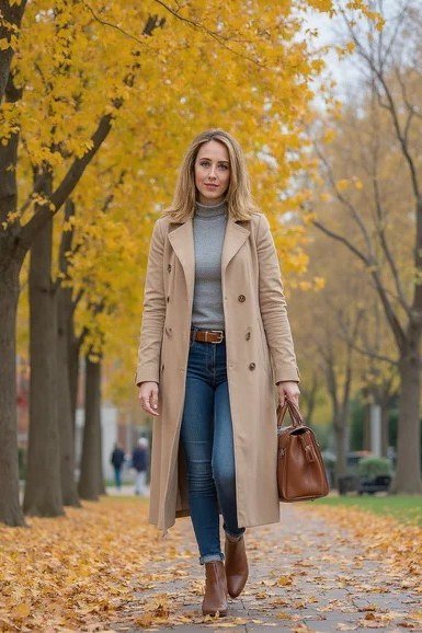 Woman over 40 wearing a long beige trench coat with a gray turtleneck and jeans