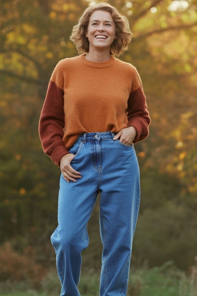 Woman over 40 wearing a rust sweater with wide-leg jeans
