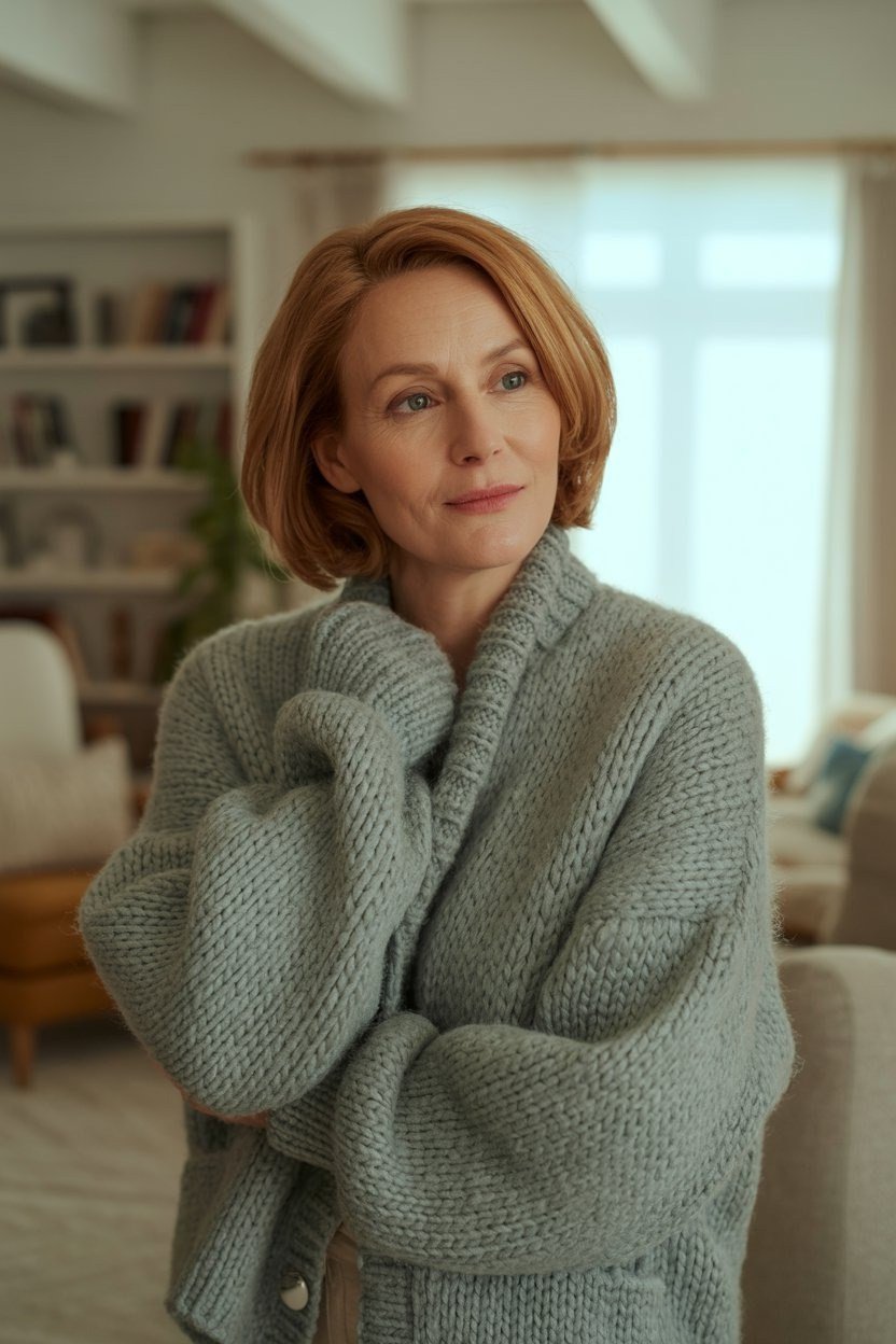 Woman over 40 wearing a sage green chunky turtleneck sweater