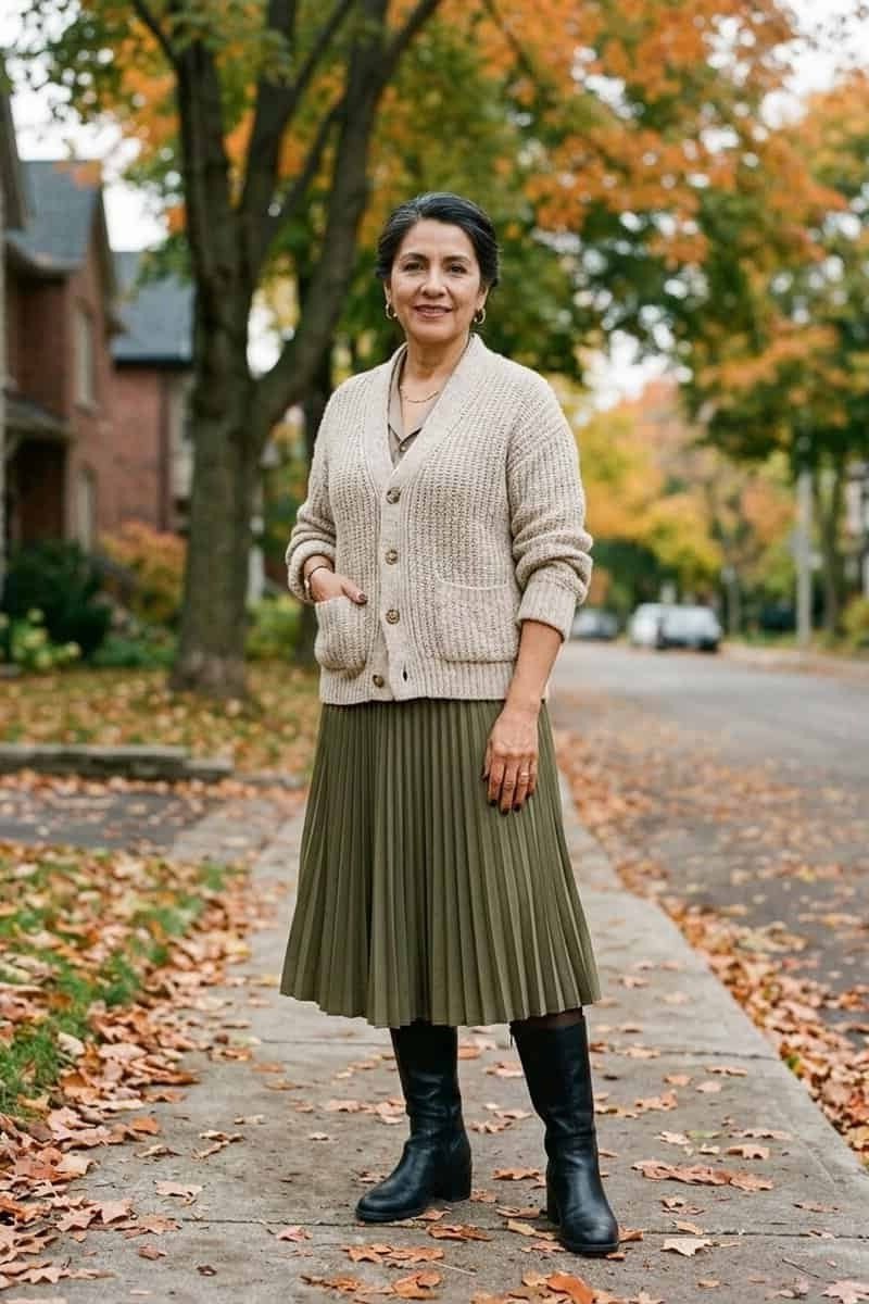 Woman over 40 wearing a cream cardigan with an olive pleated midi skirt and knee boots