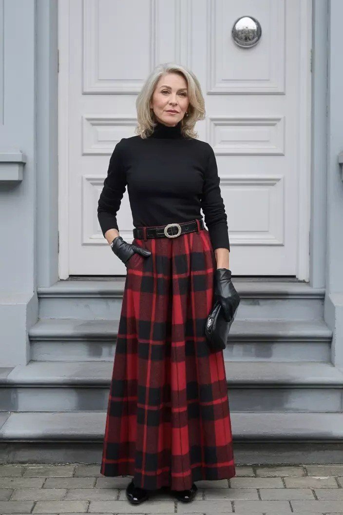 Woman over 40 wearing a black turtleneck with a red plaid maxi skirt