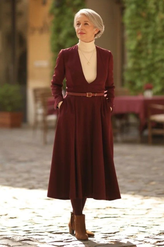 Woman over 40 wearing a burgundy belted wrap midi dress with tan boots