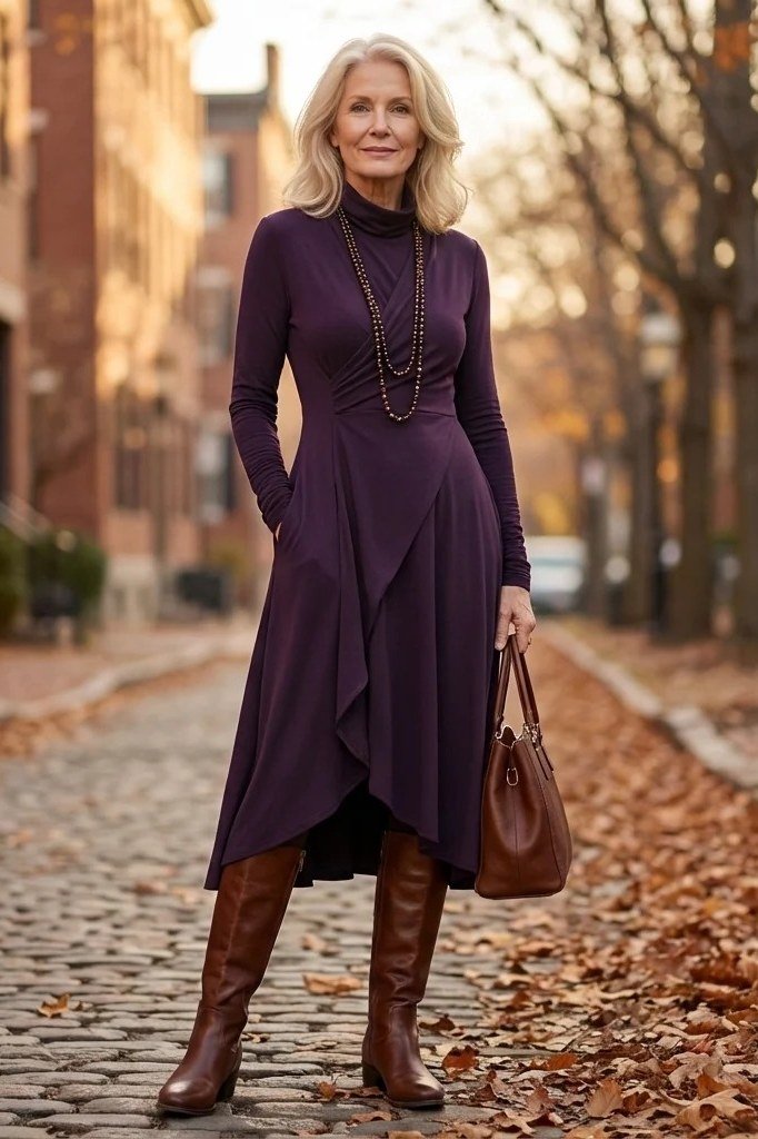Woman over 40 wearing a plum wrap midi dress with tan knee boots