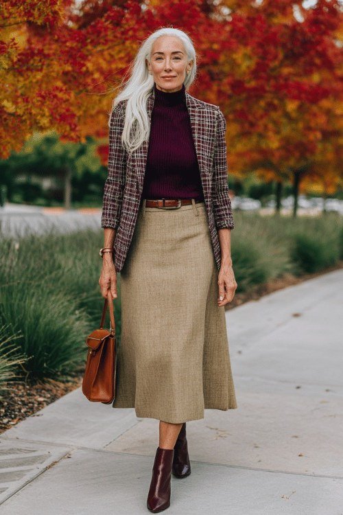 Woman over 40 wearing a plaid jacket with a plum turtleneck and tan midi skirt