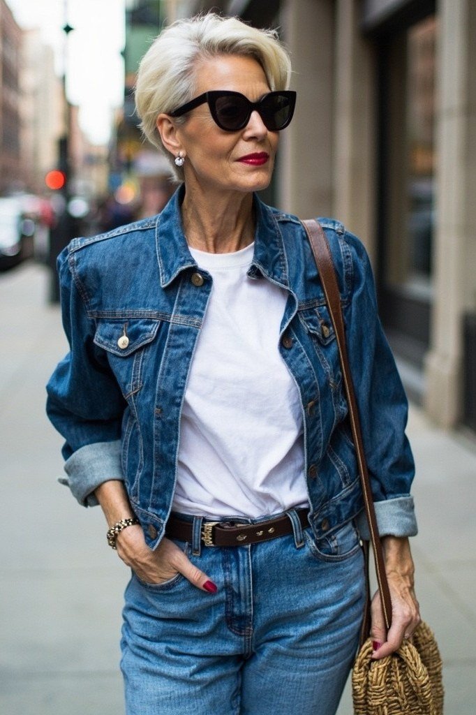Denim jacket with white tee and blue jeans, easy timeless outfit for women over 60