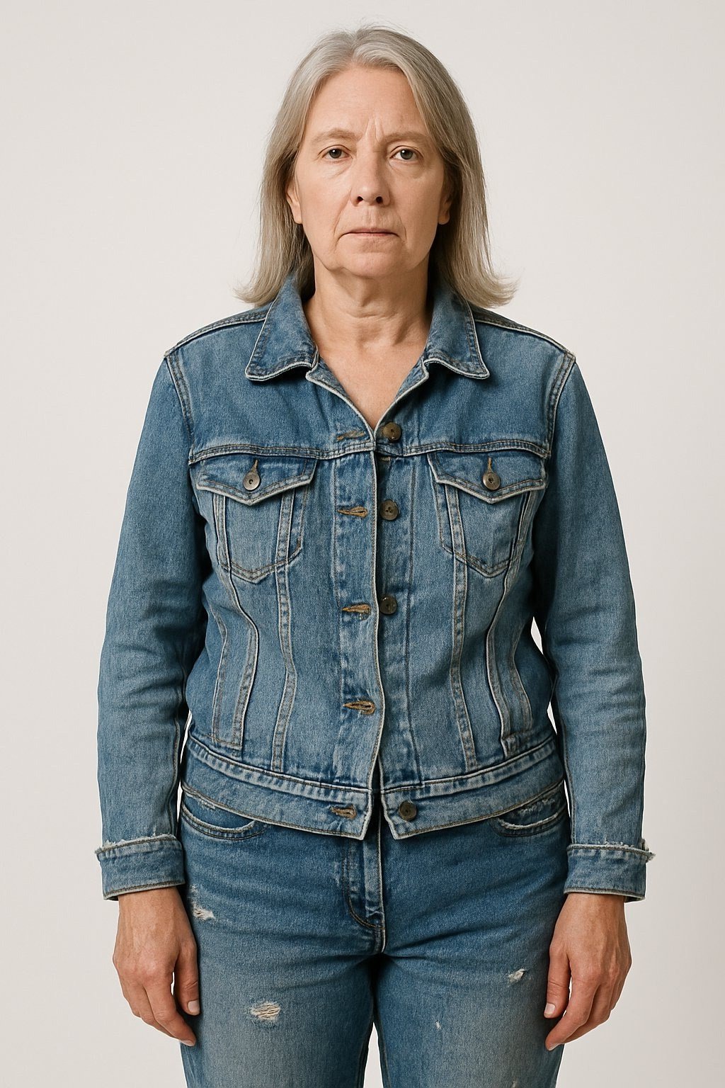 Denim jacket with matching denim jeans in a double denim outfit, women over 60 style idea