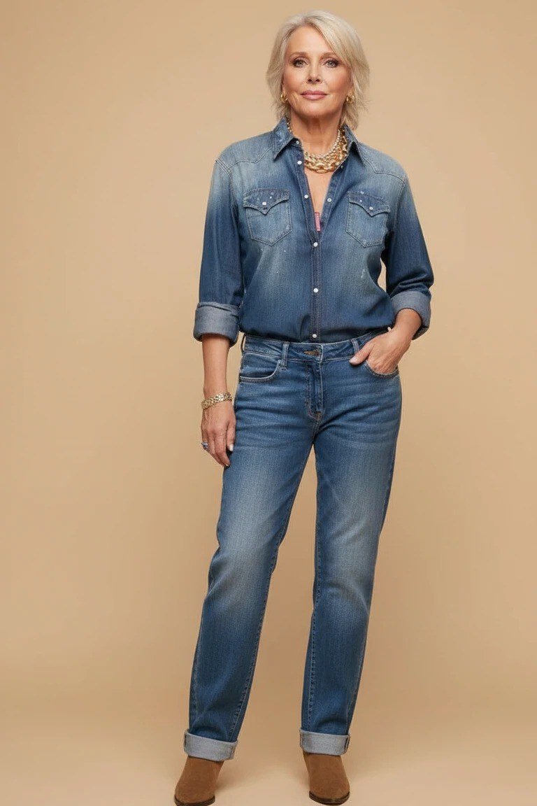 Chambray denim shirt with classic blue jeans, timeless denim outfit for women over 60