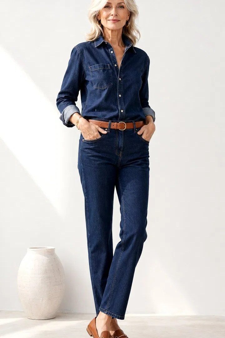 Dark denim shirt with dark jeans and loafers, smart casual outfit for women over 60