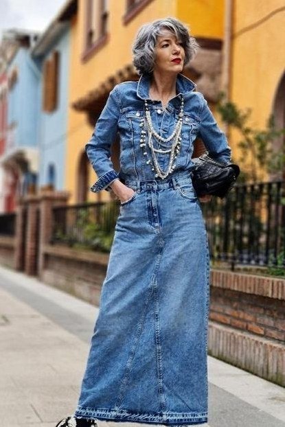 Denim jacket with long denim skirt and sneakers, casual outfit idea for women over 60
