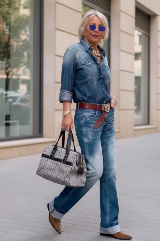 Relaxed denim shirt with light jeans, effortless timeless outfit for women over 60
