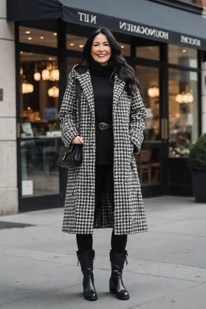 Houndstooth coat with black top and boots, classic winter outfit for women over 60