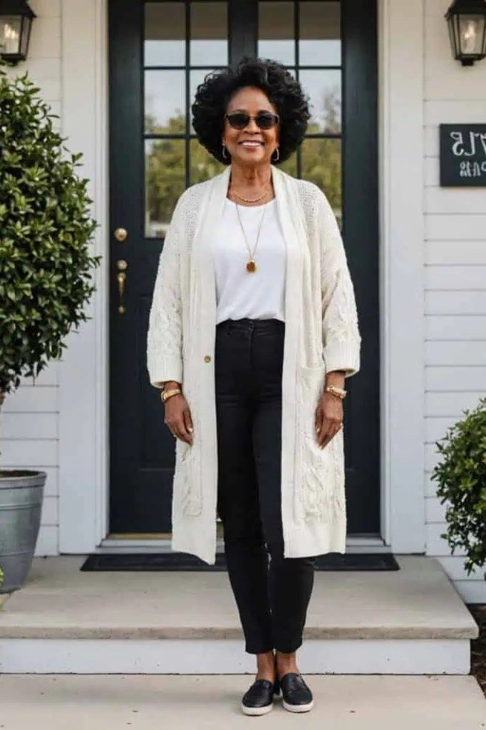 White cardigan with dark trousers, simple elegant outfit for women over 60