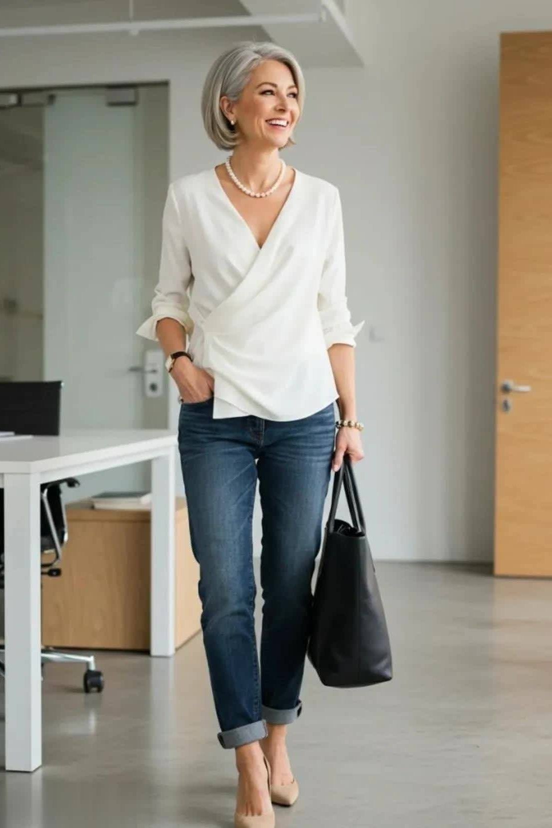 White blouse with dark jeans and tan heels, polished outfit idea for women over 60