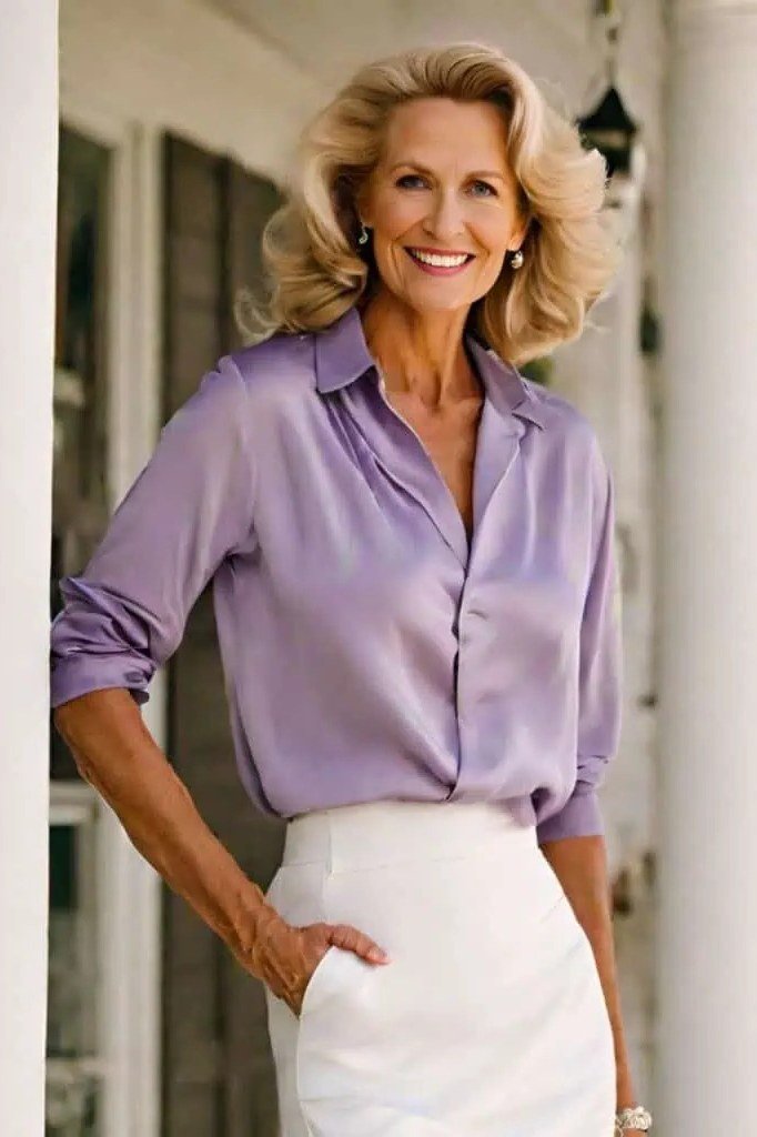 Lavender shirt with white midi skirt, soft feminine outfit for women over 60