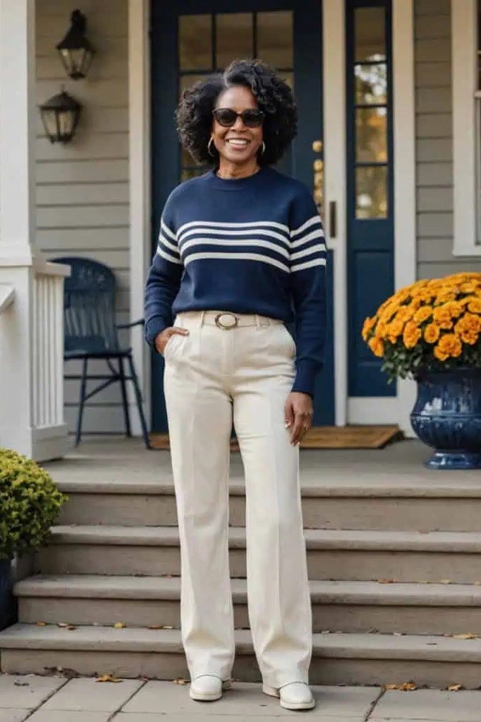 Navy striped sweater with white trousers, nautical-inspired outfit for women over 60