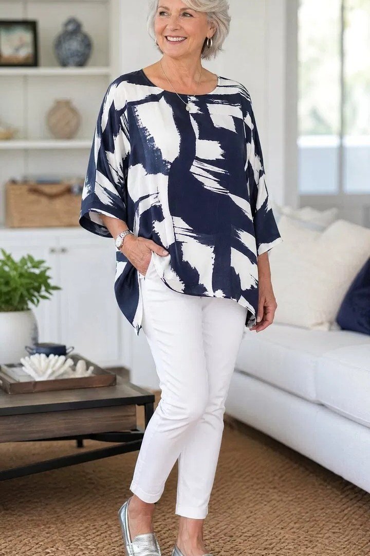 Abstract navy print top with white pants, artistic casual outfit for women over 60