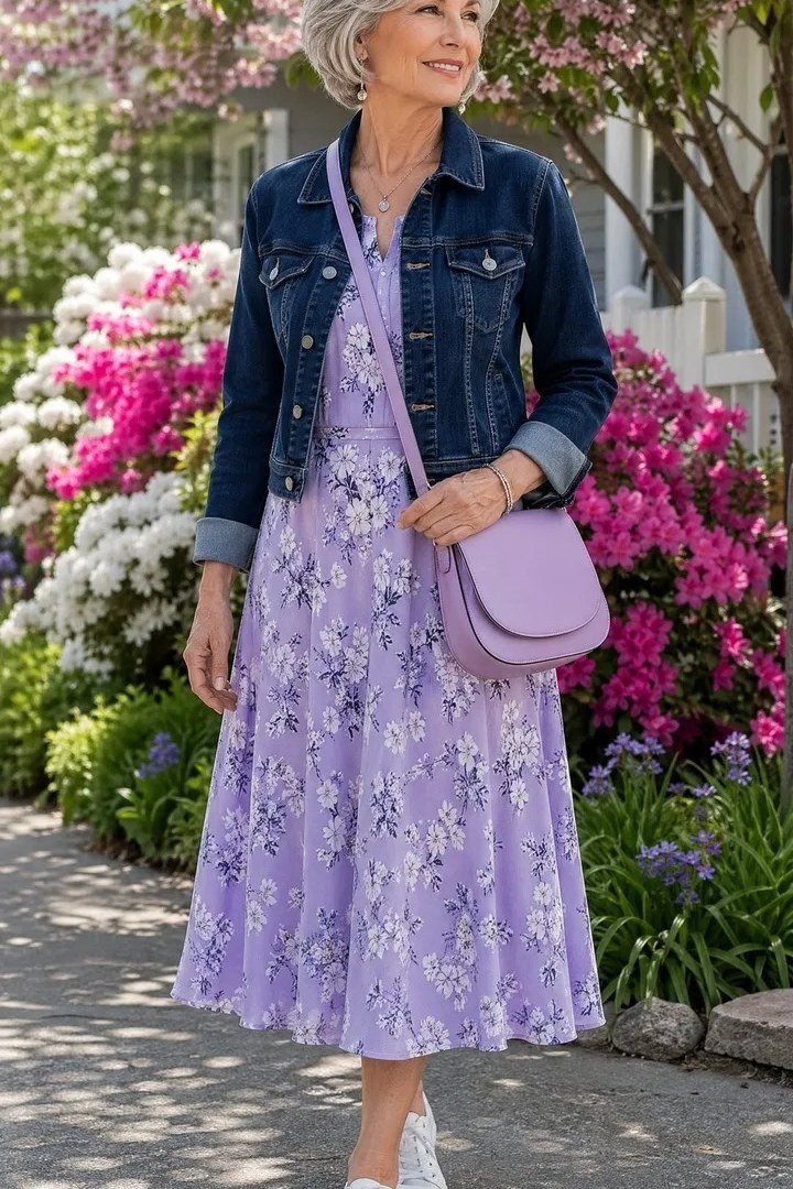 Denim jacket over lavender floral midi dress, youthful layered outfit for women over 60