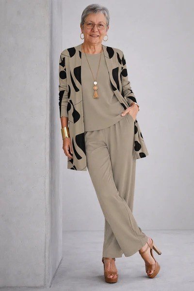 Taupe cardigan with matching set, cozy coordinated outfit for women over 60