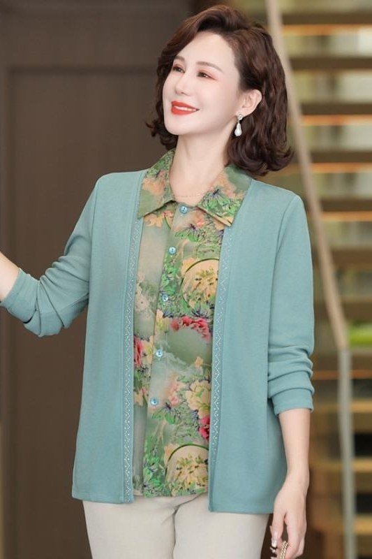 Mint cardigan over floral blouse, fresh spring outfit for women over 60