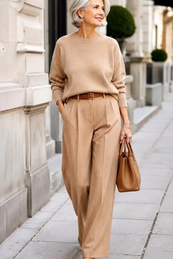 Tan sweater with camel wide trousers, warm neutral outfit for women over 60