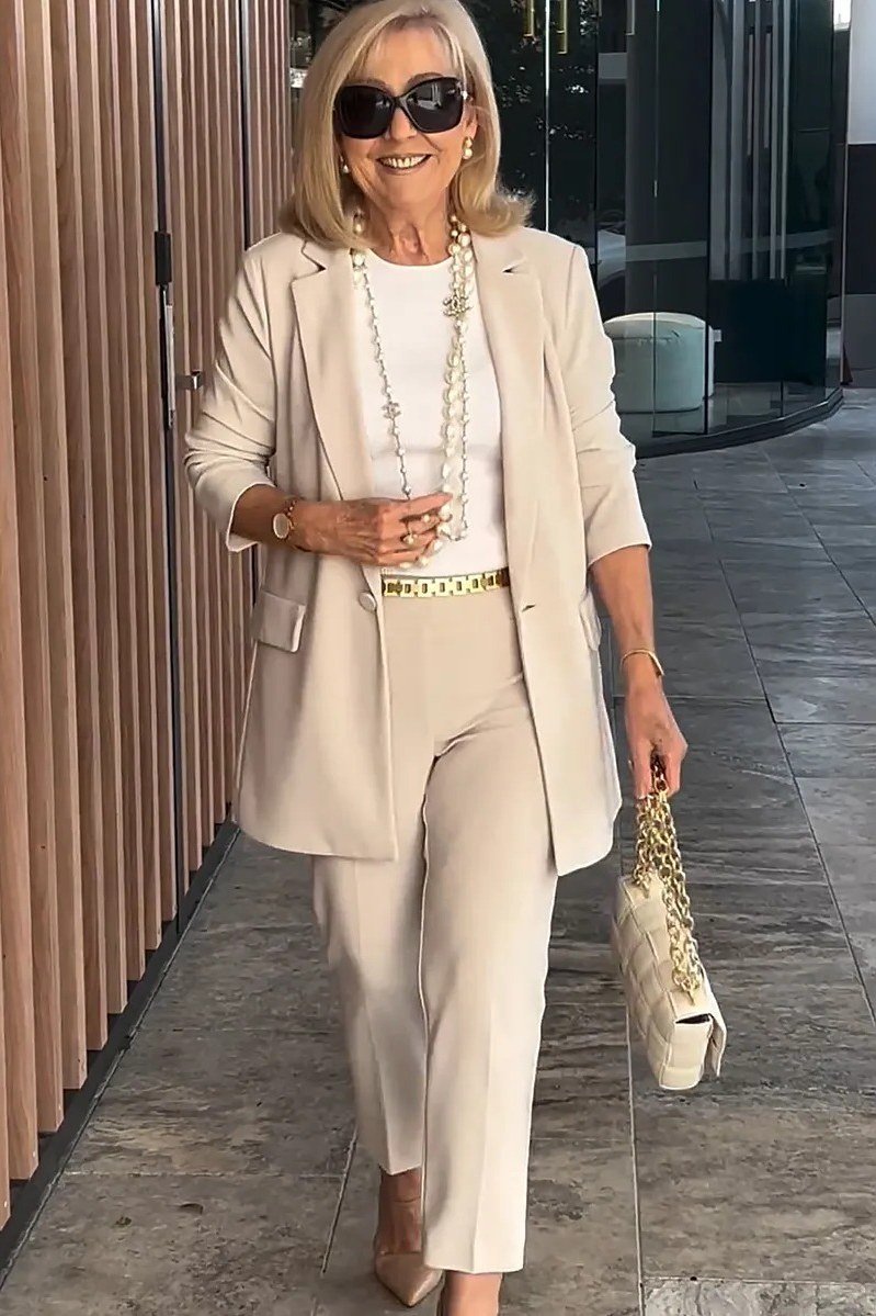 Cream blazer suit, crisp tailored suit outfit for women over 60