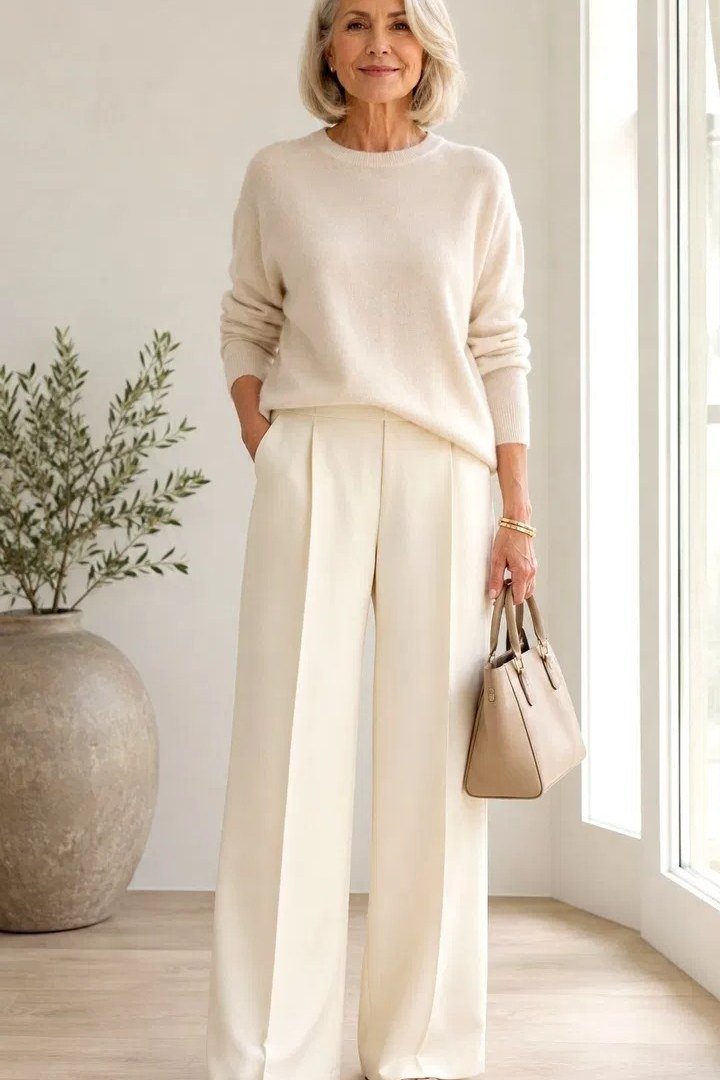 Cream sweater with cream wide trousers, soft head-to-toe neutral outfit for women over 60