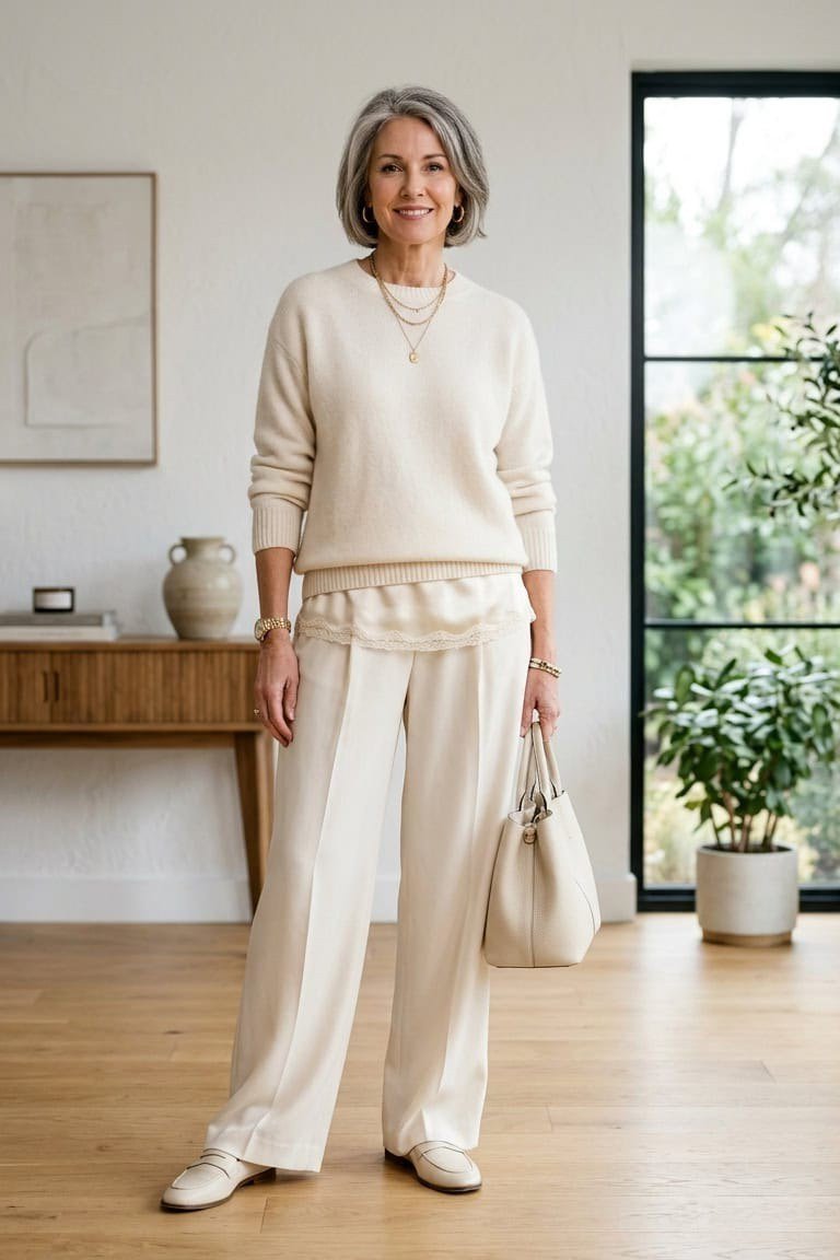 Cream knit sweater with matching wide trousers, cozy coordinated knit outfit for women over 60