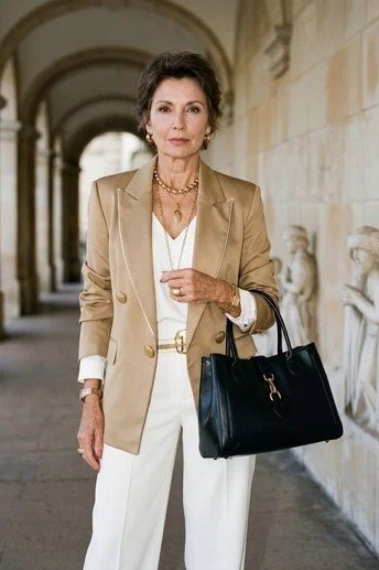 Camel blazer with white trousers and black bag, sophisticated neutral outfit for women over 60