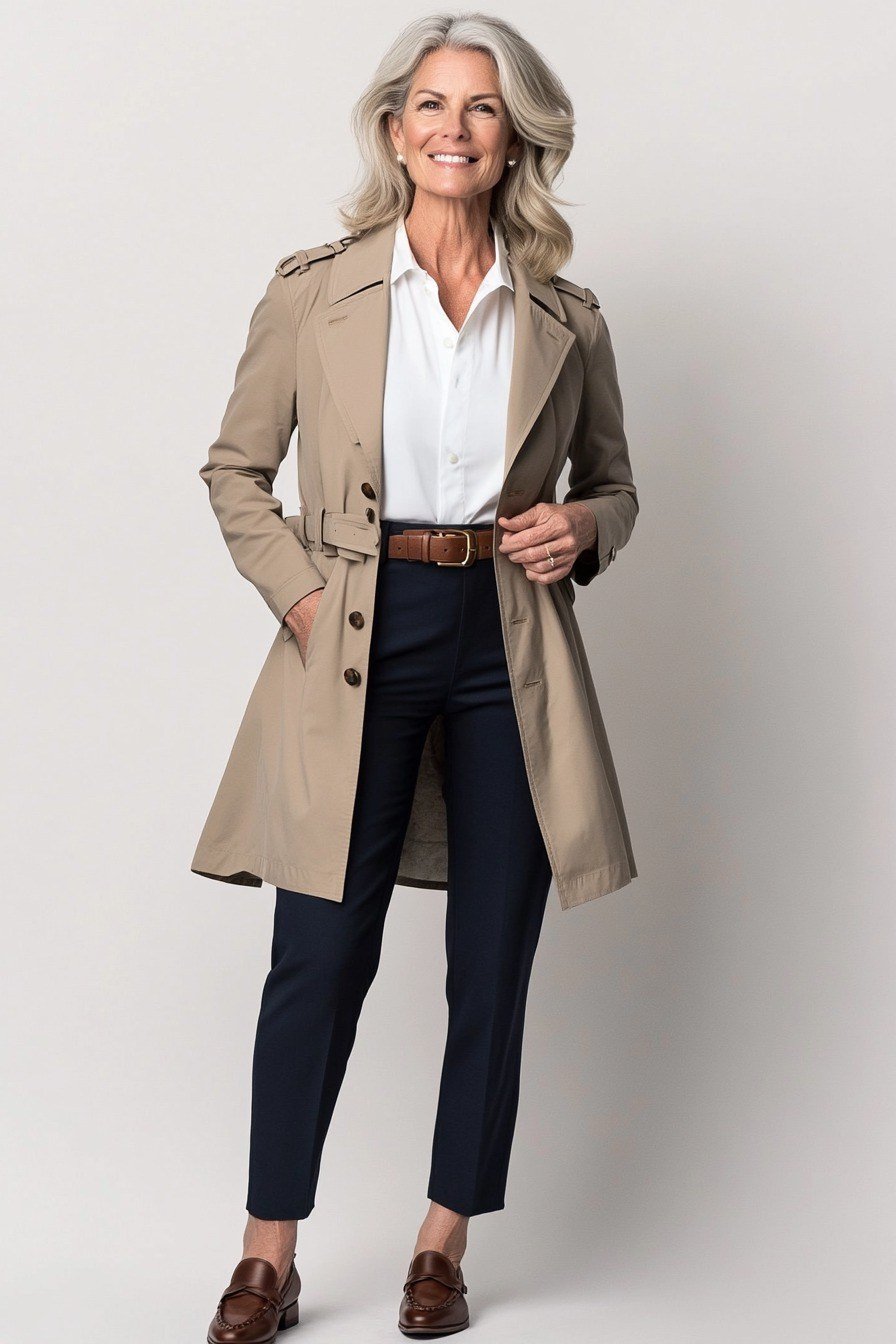 Beige trench coat with white shirt and dark trousers, classic trench outfit for women over 60