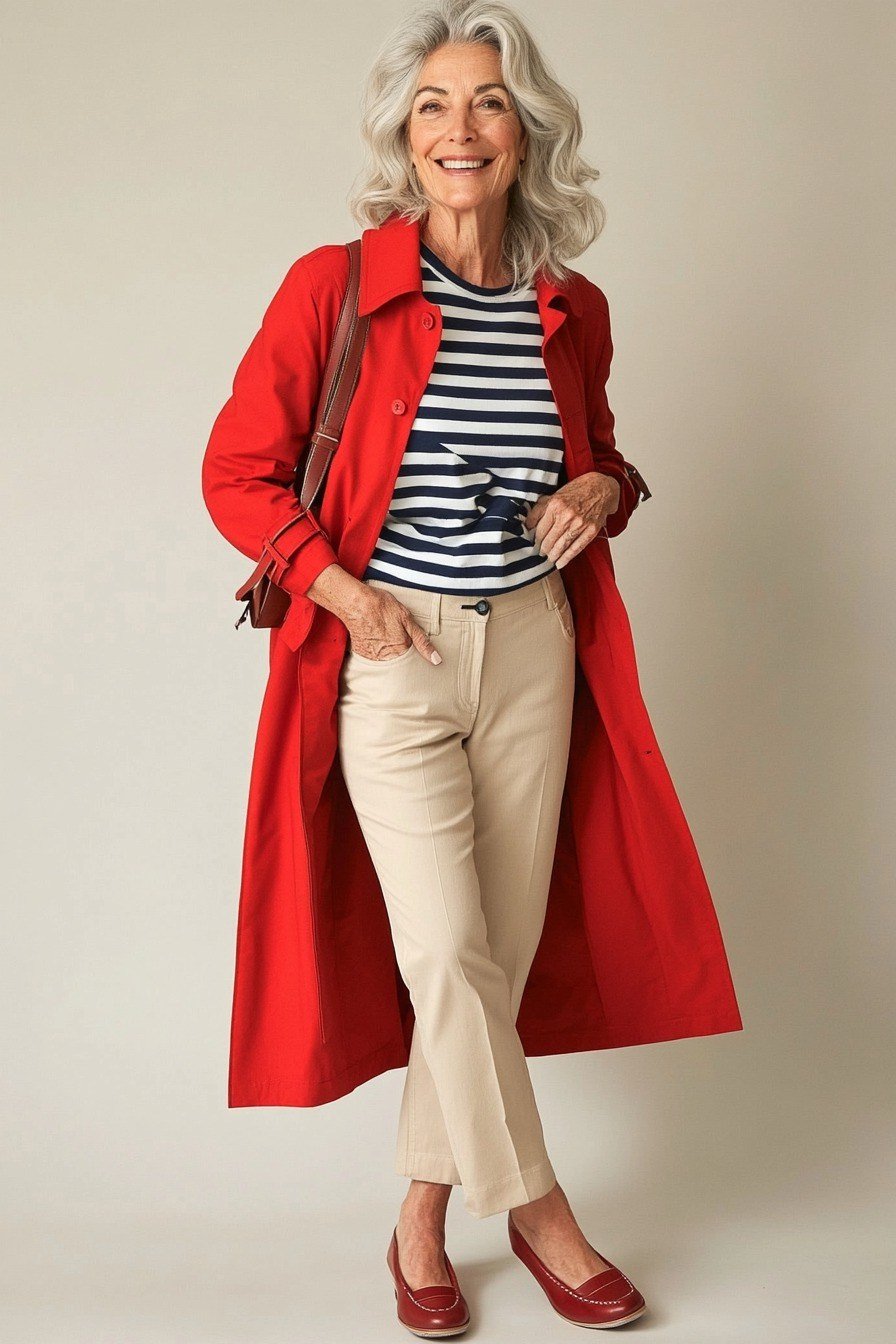Red trench coat with striped top and cream trousers, statement spring outfit for women over 60