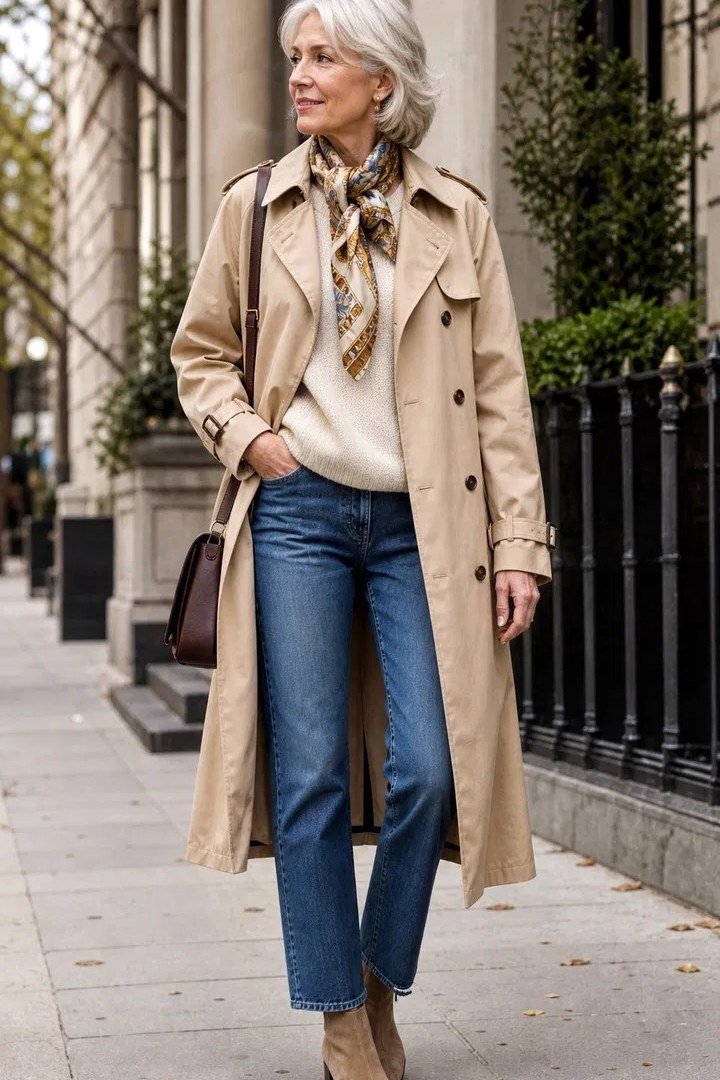 Beige trench coat with scarf and blue jeans, casual weekend trench outfit for women over 60