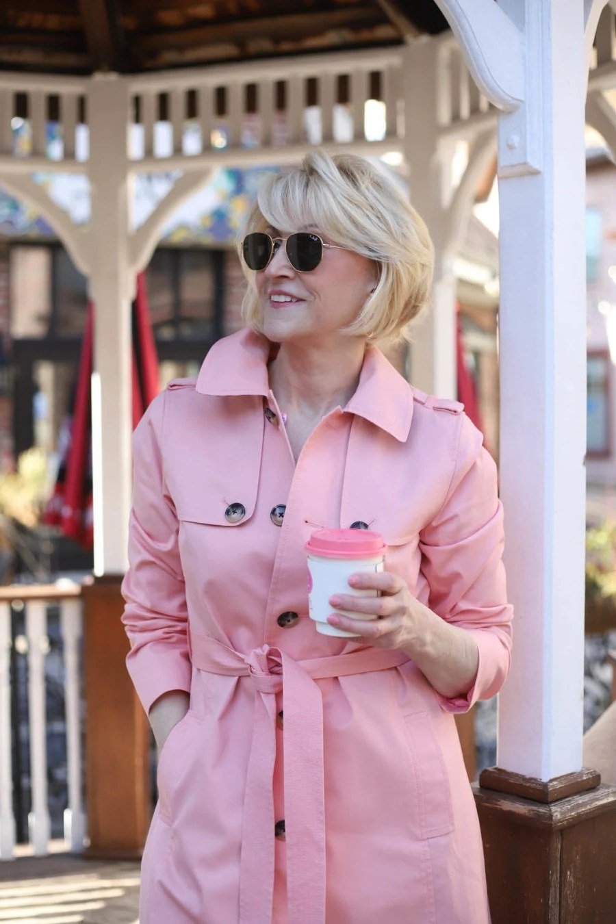 Pink trench coat, pretty feminine coat outfit for women over 60