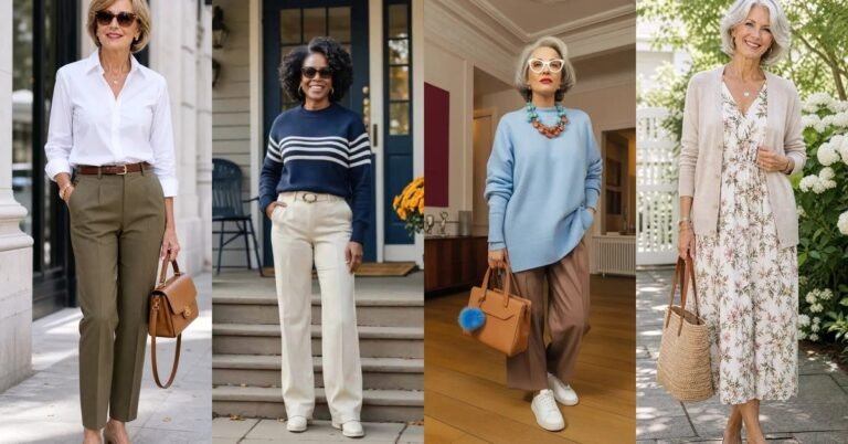 Collage of timeless closet essential outfits for women over 60