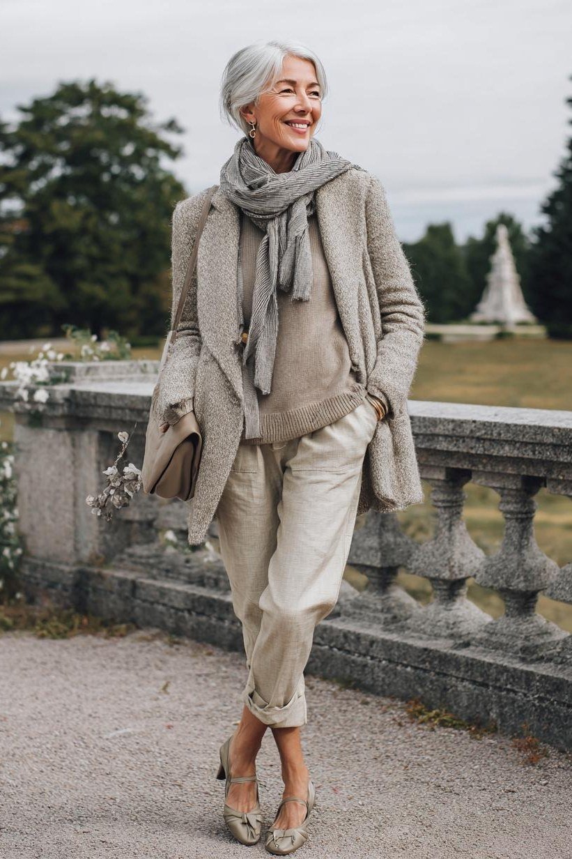 Effortlessly polished outfit for women over 50: A monochrome taupe outfit: long taupe coat, matching taupe trousers, taupe...