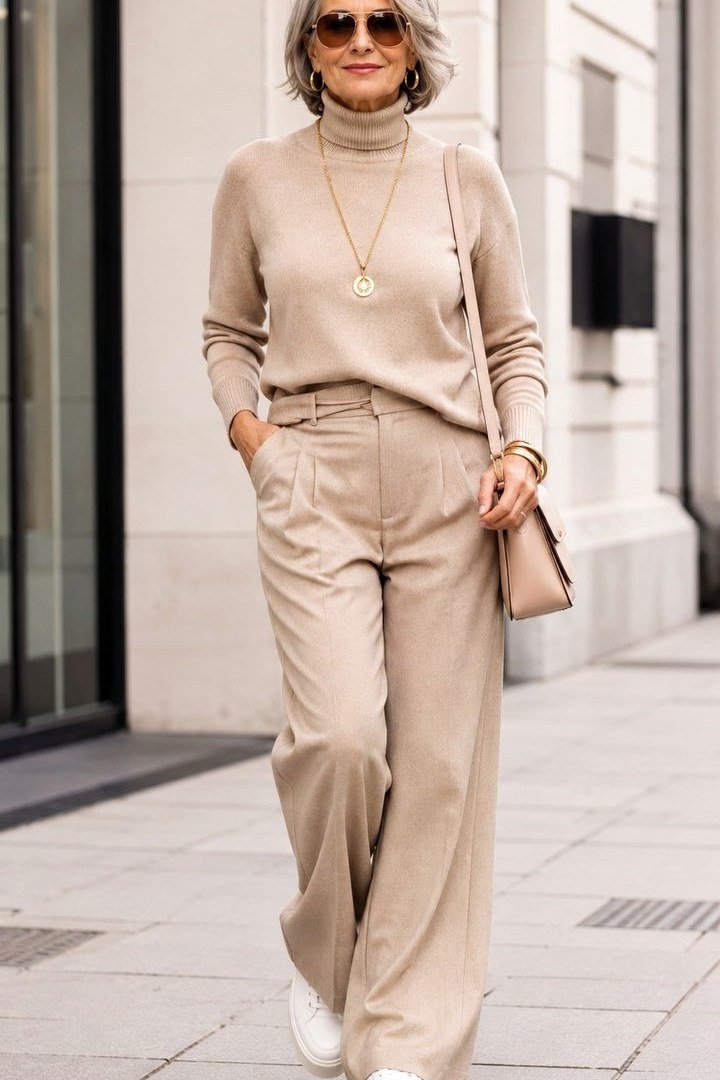 Effortlessly polished outfit for women over 50: Beige turtleneck knit sweater, pleated wide-leg beige trousers, white...