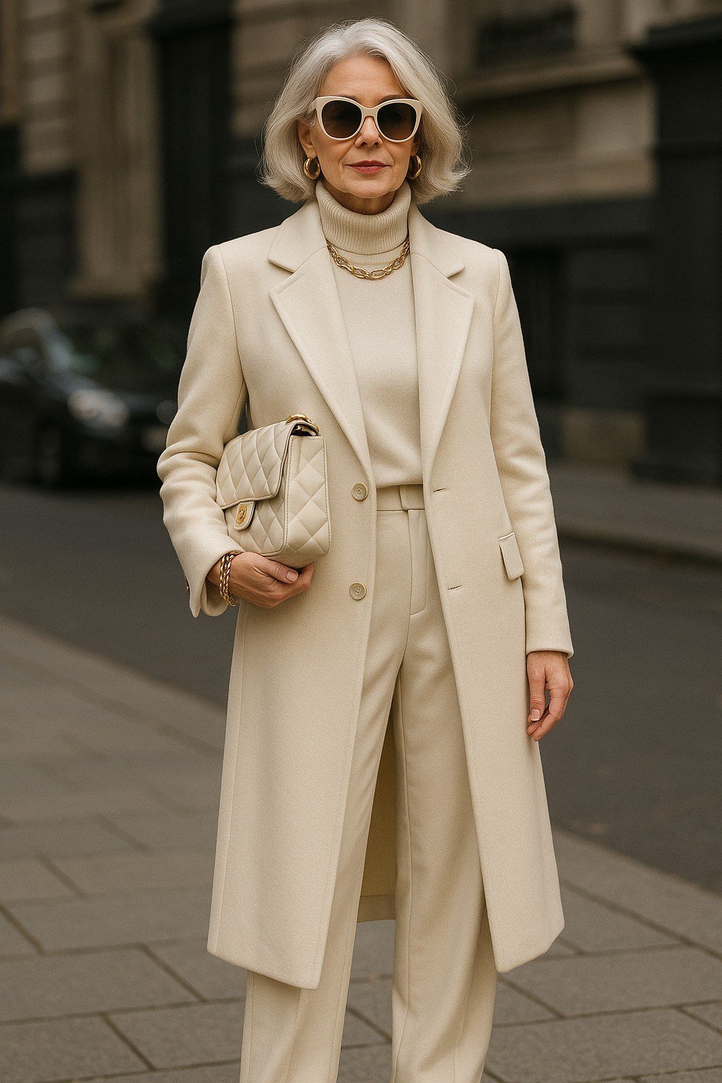 Effortlessly polished outfit for women over 50: An ivory blazer and matching ivory trousers suit, small quilted beige clutch