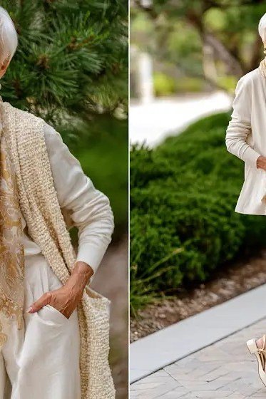 Effortlessly polished outfit for women over 50: Two looks: a white button-down shirt and white trousers in a garden, the...