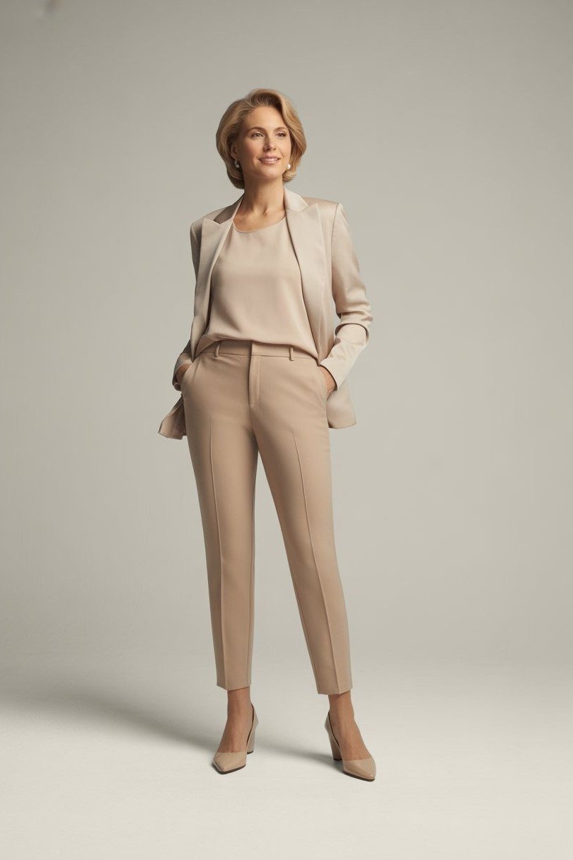 Effortlessly polished outfit for women over 50: A camel blazer with white top and camel tailored trousers, nude heels