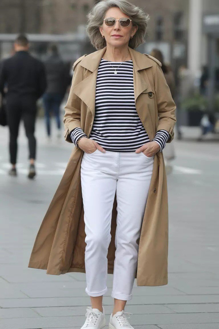 Effortlessly polished outfit for women over 50: A classic beige trench coat over a striped tee and white jeans, white...