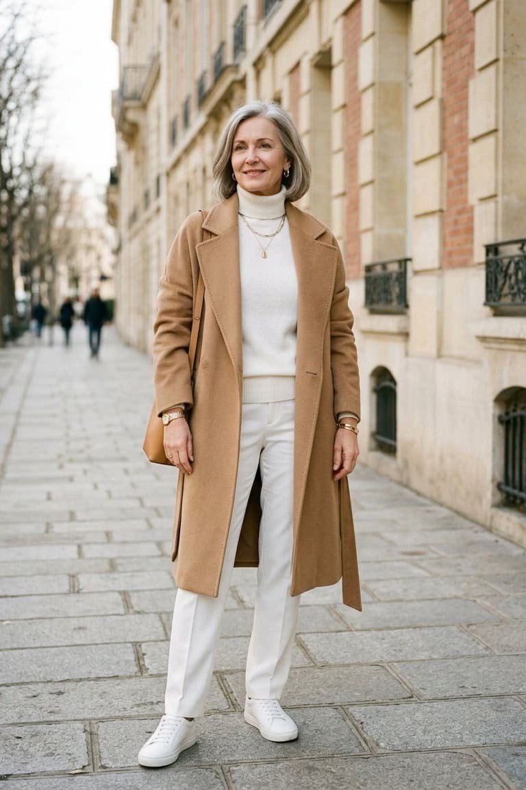 Effortlessly polished outfit for women over 50: A camel coat over a white turtleneck and white trousers, white sneakers