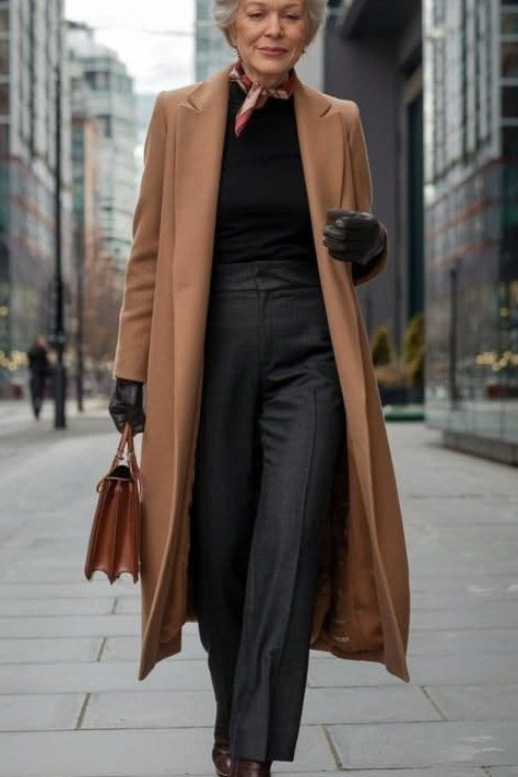 Effortlessly polished outfit for women over 50: A camel coat over a black turtleneck and gray wide-leg trousers, brown...