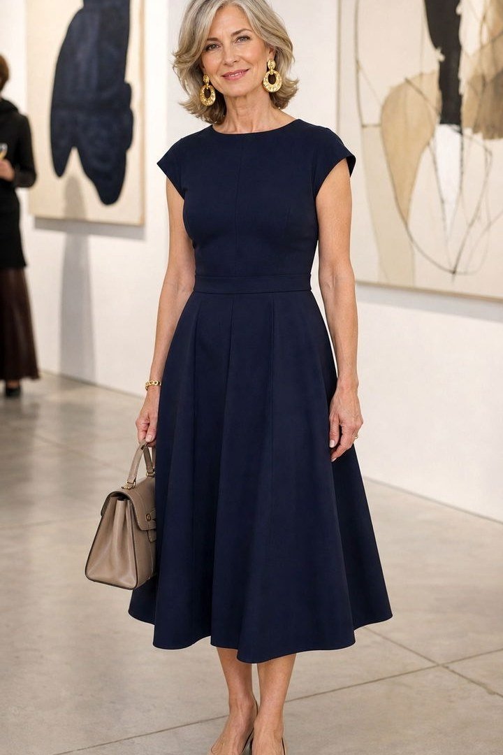 Effortlessly polished outfit for women over 50: A navy sleeveless fit-and-flare midi dress, taupe handbag